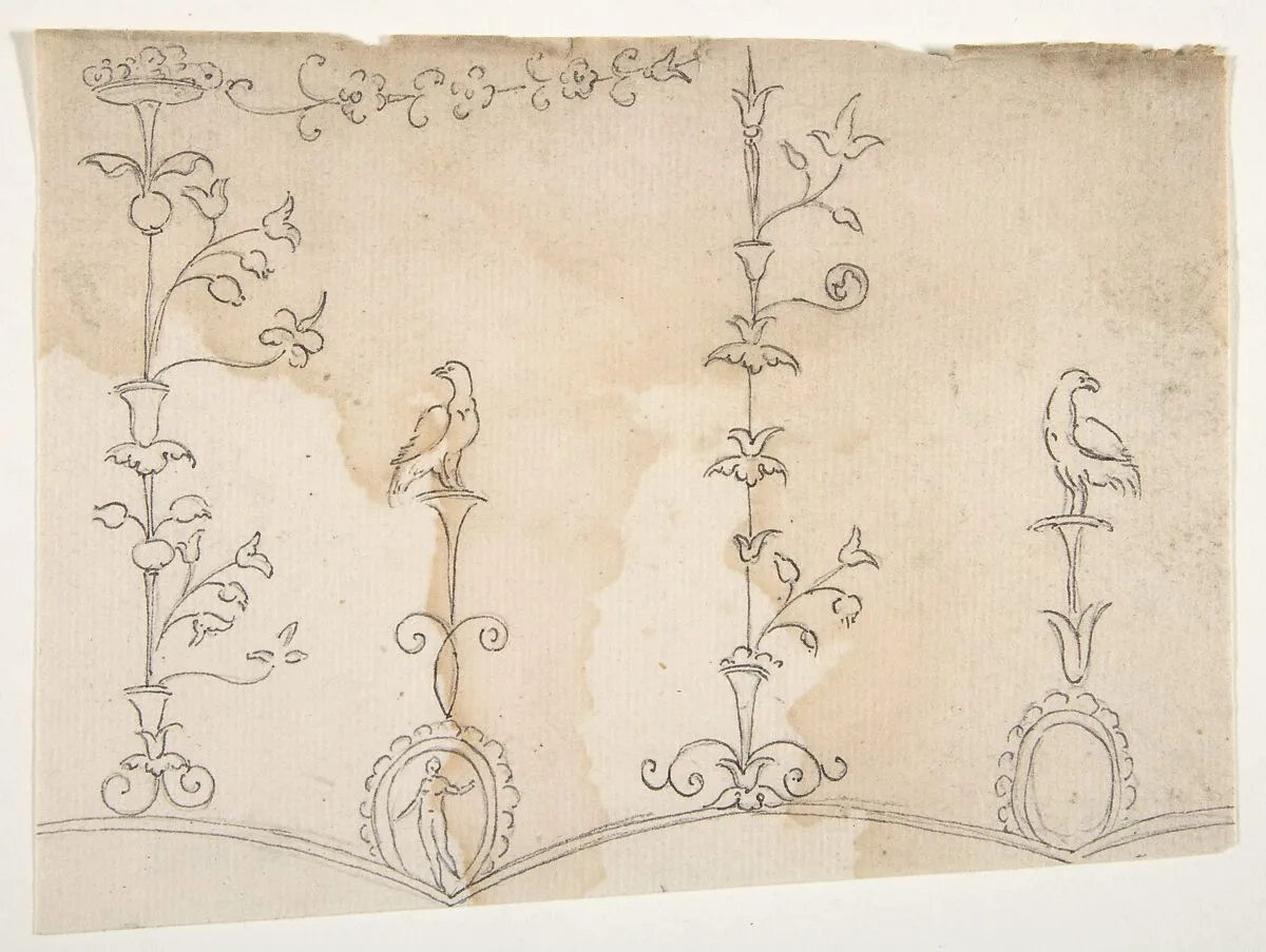 Domus Aurea, unidentified, grotteschi, details (recto) blank (verso) — Anonymous, French, 16th century