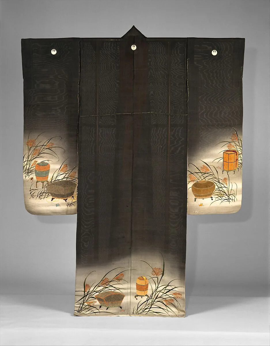 鼠絽地虫籠薄模様単衣|Unlined Summer Kimono (Hito-e) with Crickets, Grasshoppers, Cricket Cages, and Pampas Grass — Unknown