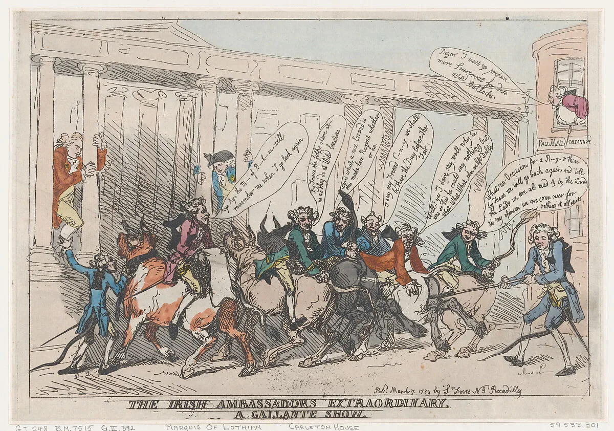 The Irish Ambassadors Extraordinary, A Gallante Show — Thomas Rowlandson