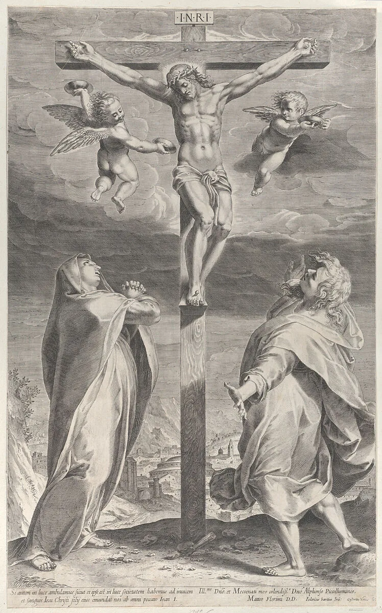 Crucifixion with the Virgin Mary and Saint John the Evangelist, angels overhead — Gijsbert Van Veen|Federico Barocci|Matteo Florimi