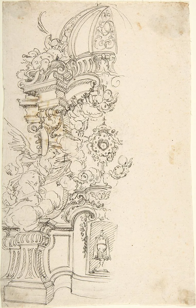 Design for One Half of an Altar, with an Angel (of the Annunciation) at the left — Anonymous, Italian, Piedmontese, 18th century
