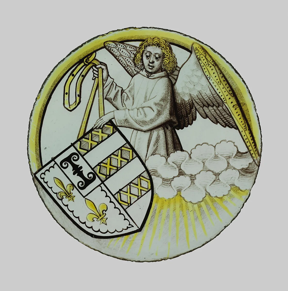 Roundel with Angel Supporting a Heraldic Shield — Unknown