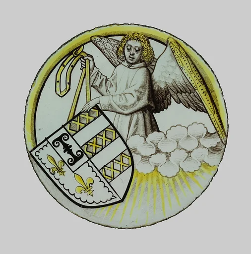 Roundel with Angel Supporting a Heraldic Shield