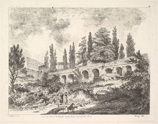 View of the entrance to Tivoli and the walls of the Villa d'Este, horsemen approaching the entrance at bottom center, arched entrance in the middleground, cyrus trees and other plants surrounding
