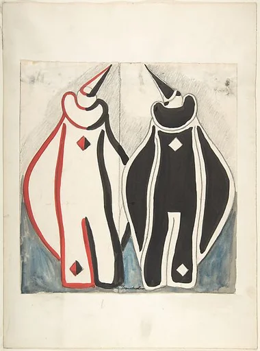 Two clown costumes, red and black