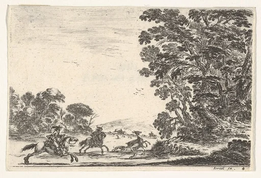 Plate 4: a deer hunt, two horsemen galloping towards the left behind three dogs and a deer, a group of trees to right, from 'Various Figures' (Agréable diversité de figures)