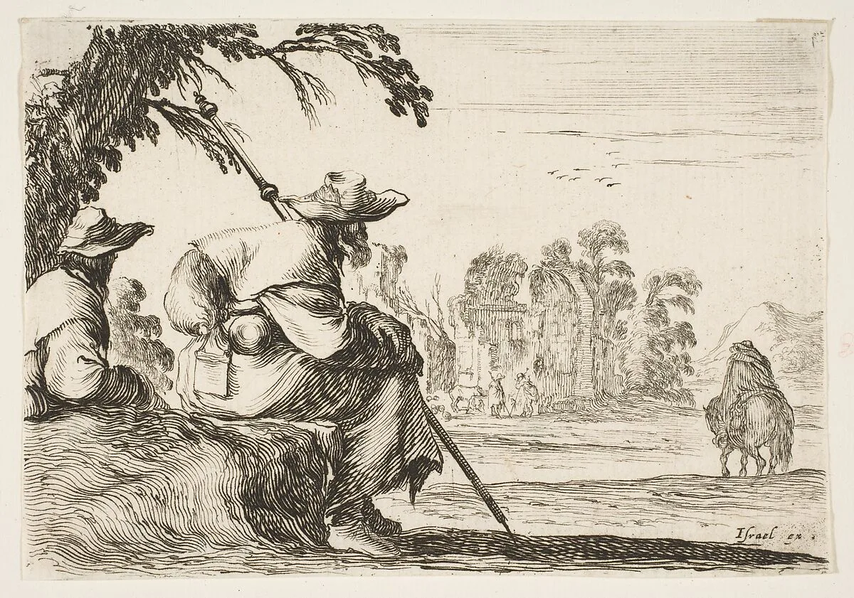Two pilgrims with hats rest to the left, seen from behind, a horseman rides towards the background to the right, plate 5 from "Various Figures" (Agréable diversité de figures) — Stefano della Bella|Israël Henriet