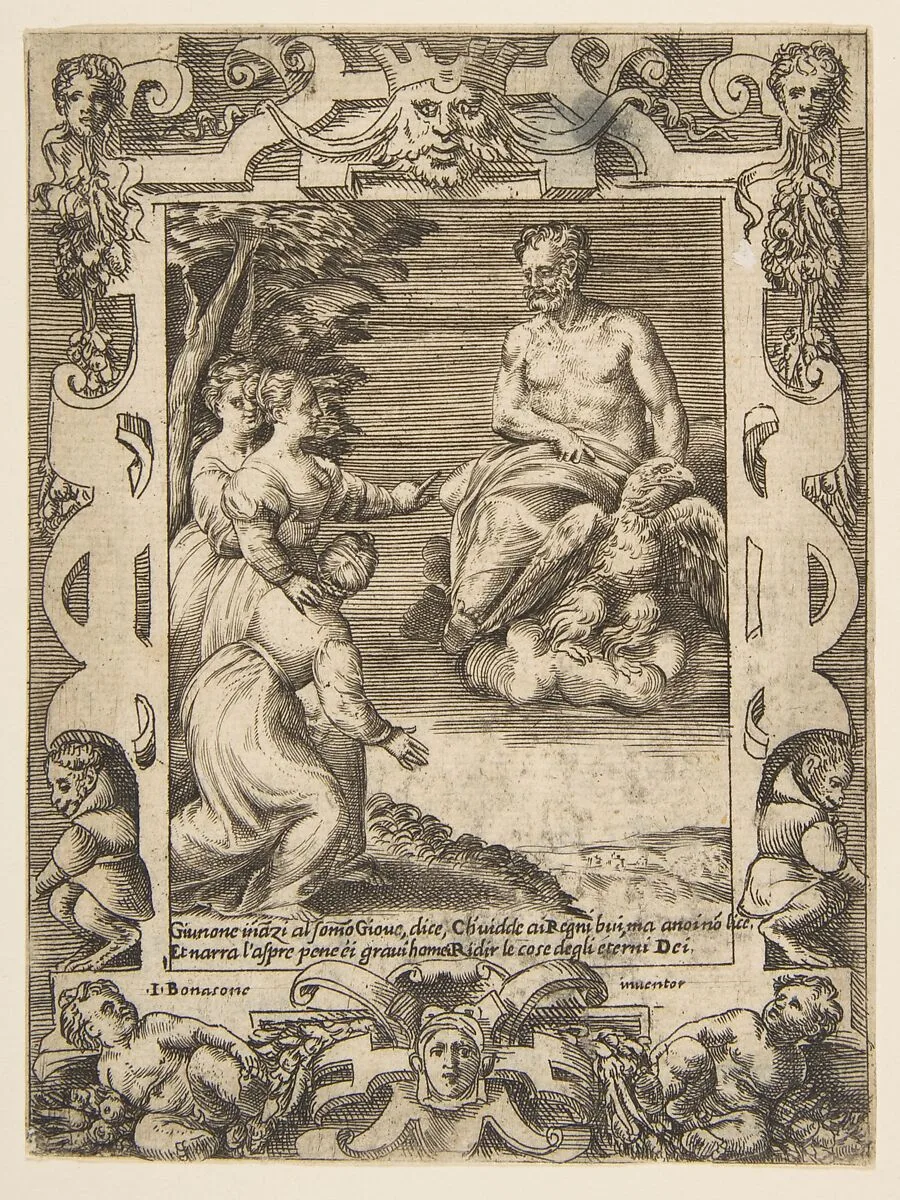 Juno at left asks Jupiter to help the Greeks, set within an elaborate frame, from "Loves, Rages and Jealousies of Juno" — Giulio Bonasone