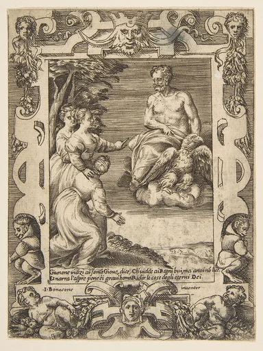 Juno at left asks Jupiter to help the Greeks, set within an elaborate frame, from "Loves, Rages and Jealousies of Juno"