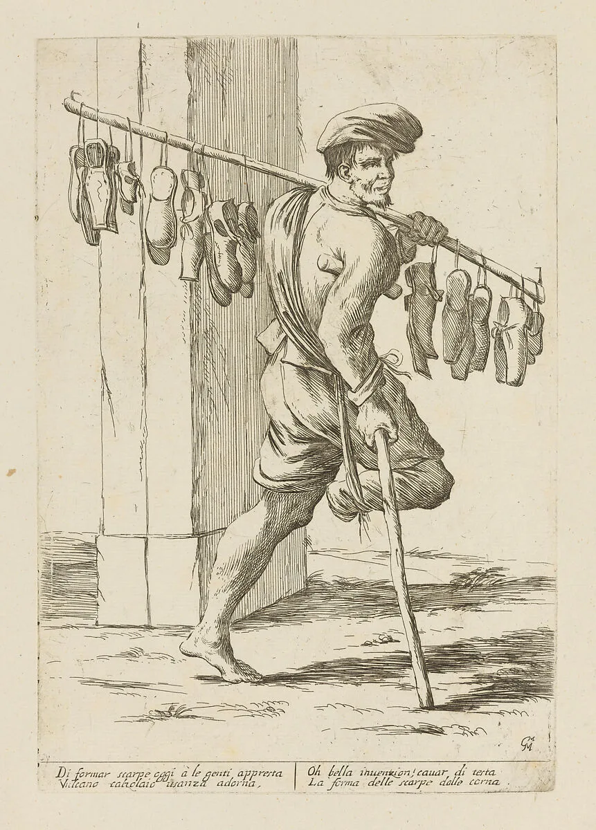 Vendor of Shoes, from Di Bologna l'Arti per via D'An.ibal' Ca.rac, plate 15 — Giuseppe Maria Mitelli|Annibale Carracci|Giovanni Giacomo De Rossi