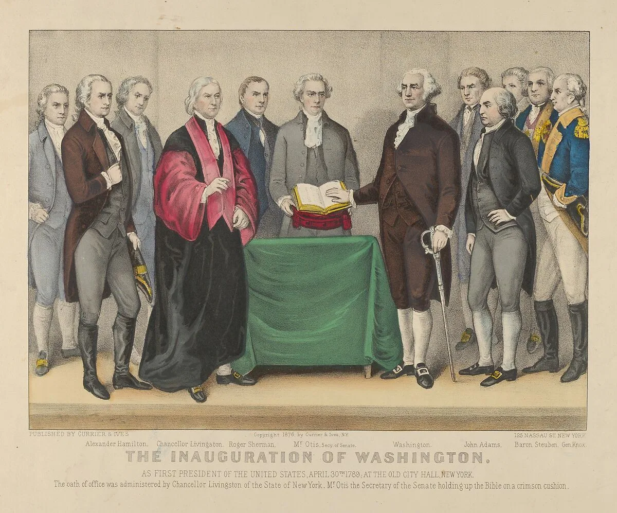 The Inauguration of Washington as First President of the United States, April 30th 1789 – At the Old City Hall, New York – The oath of office was administered by Chancellor Livingston of the States of New York – Mr. Otis the Secretary of the Senate holding up the Bible on a crimson cushion. — Currier & Ives|George Washington