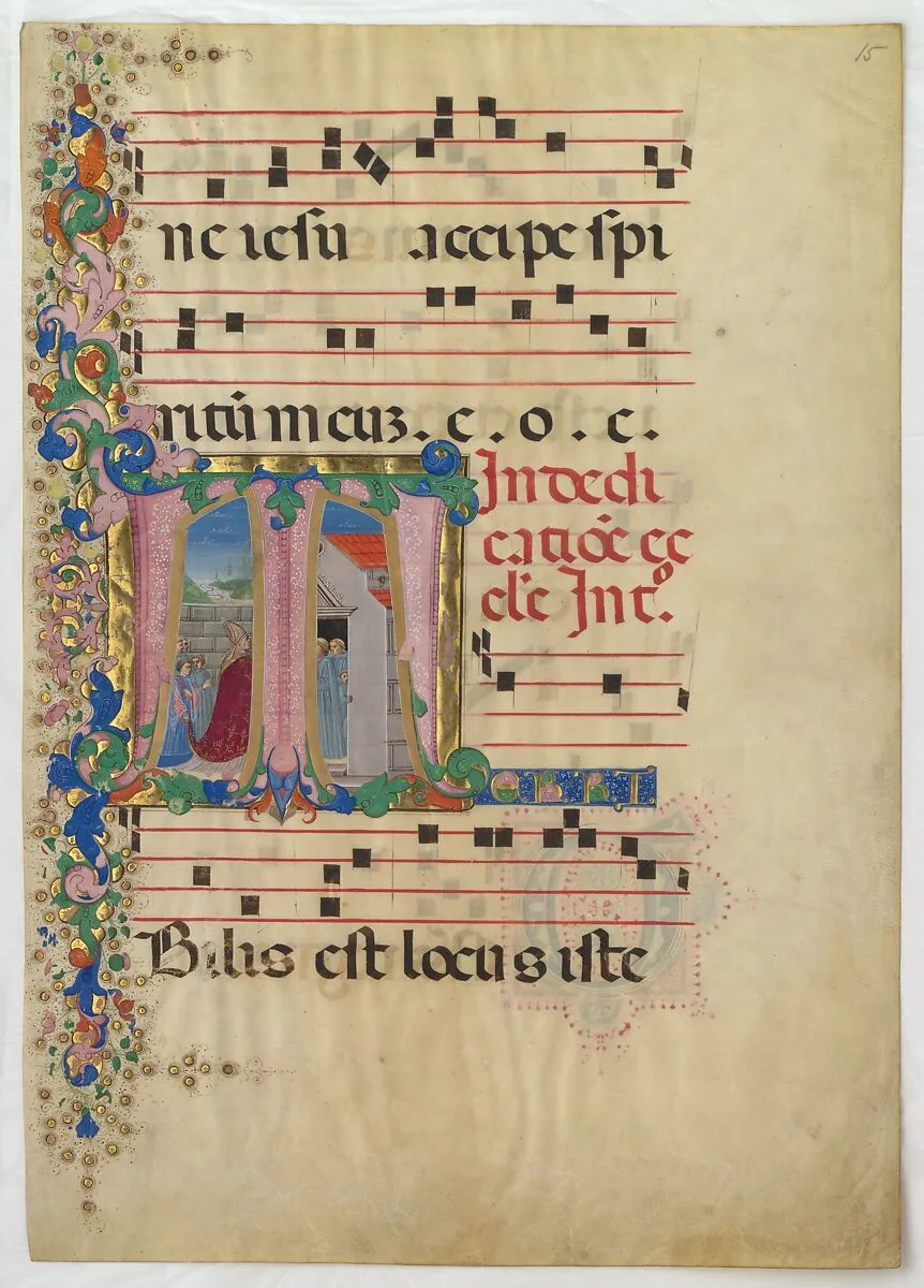 Manuscript Leaf with the Dedication of a Church in an Initial T, from a Gradual — Mariano del Buono