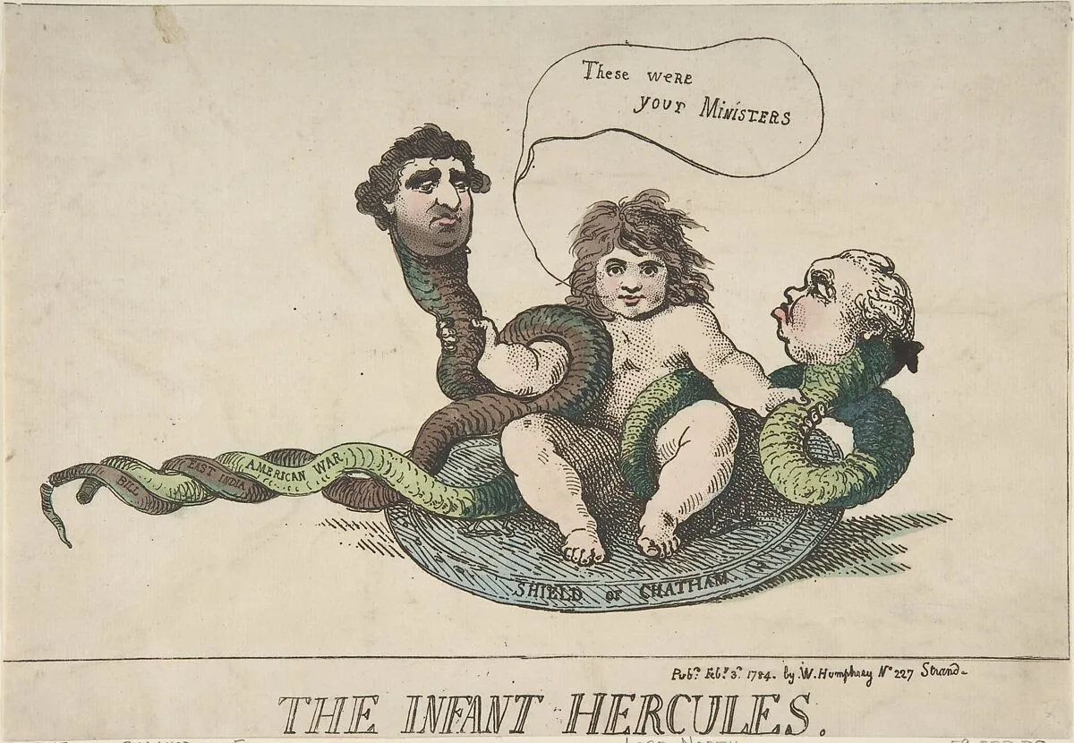 The Infant Hercules — Thomas Rowlandson|William Humphrey|William Pitt|Charles James Fox|Frederick North, 2nd Earl of Guilford