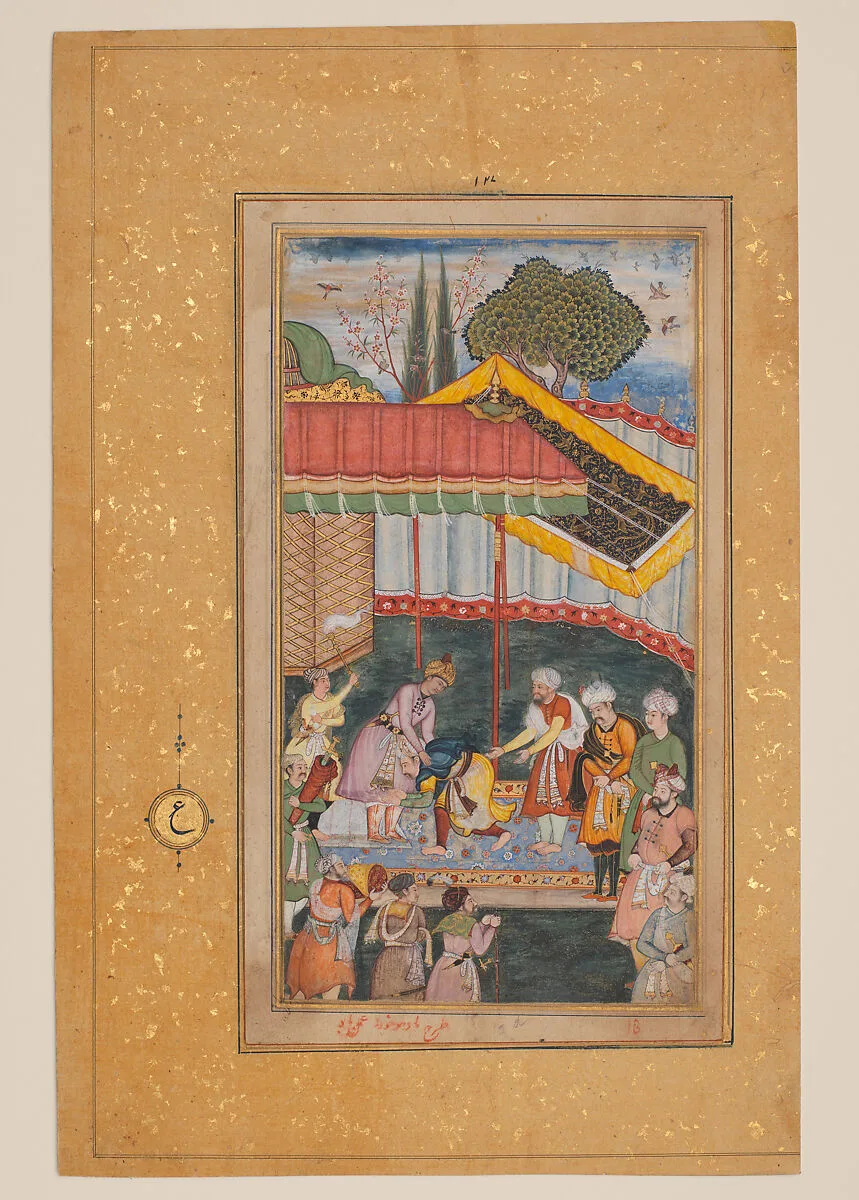 "Emperor Babur Receiving a Visitor", Folio from a Baburnama (The Book of Babur) — Unknown