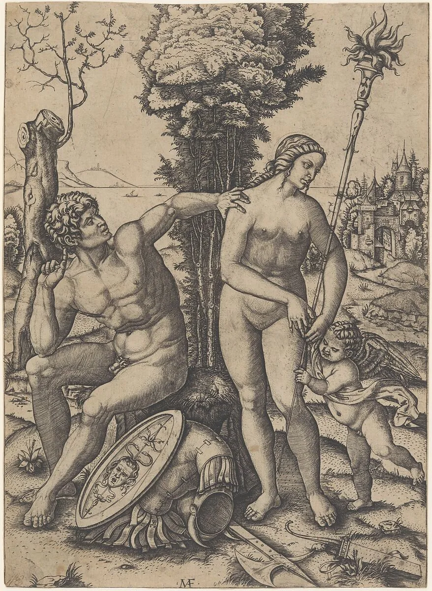 Mars seated at the left, his left hand on Venus's shoulder, cupid beside her at the right — Marcantonio Raimondi