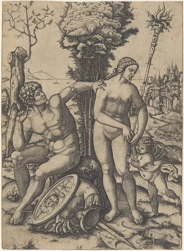 Mars seated at the left, his left hand on Venus's shoulder, cupid beside her at the right