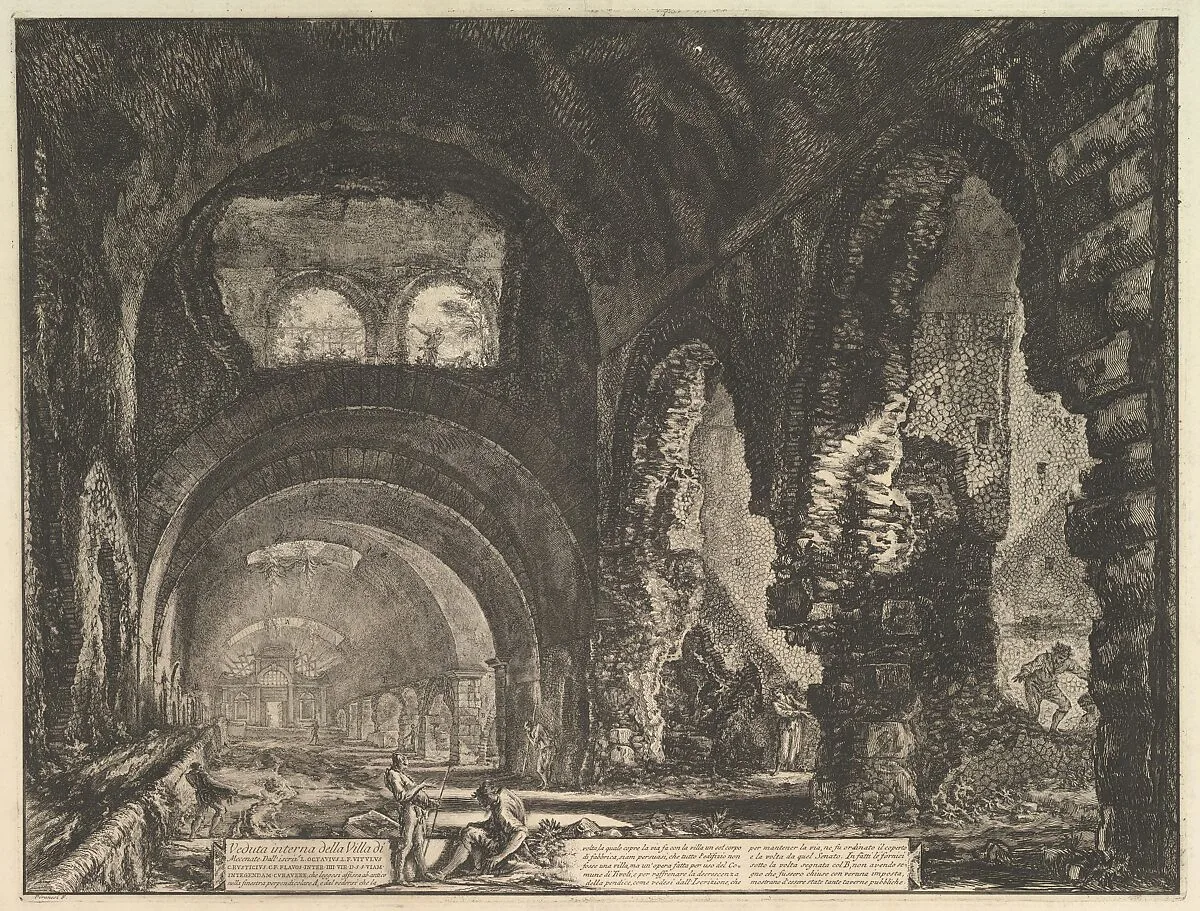 The so-called Villa of Maecenas at Tivoli. Interior with two figures in the opening of an arch above. (Veduta interna della Villa di Mecenate) — Giovanni Battista Piranesi