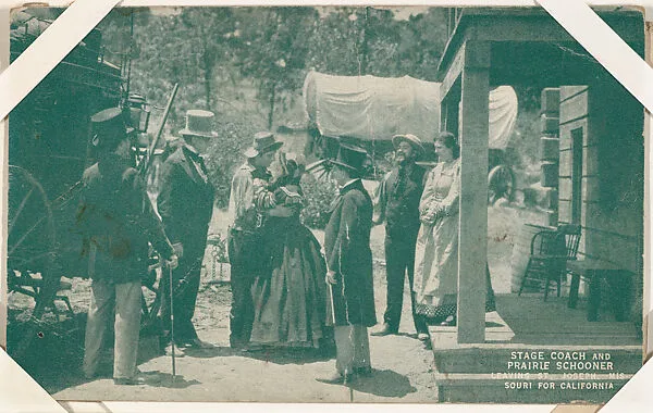 Stage coach and prairie schooner leaving St. Joseph, Missouri from Western Stars or Scenes Exhibit Cards series (W412) — Unknown