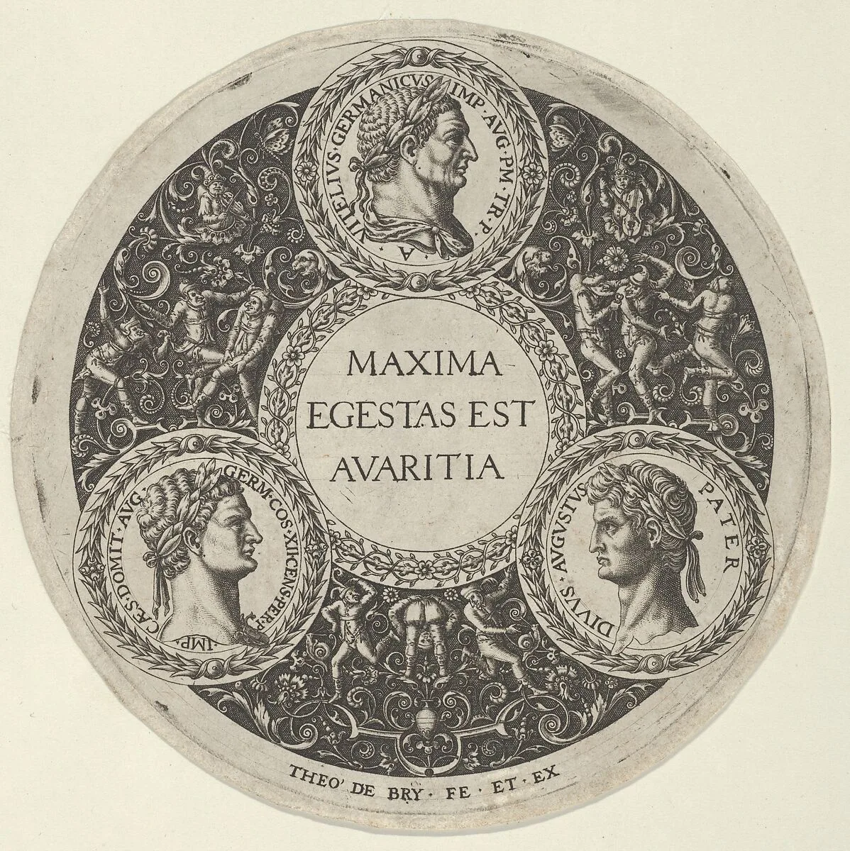 Design for a Dish with Portraits of the Roman Emperors Vetllius, Domitian, and Augustus — Theodor de Bry