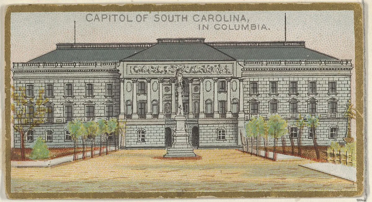 Capitol of South Carolina in Columbia, from the General Government and State Capitol Buildings series (N14) for Allen & Ginter Cigarettes Brands — Allen & Ginter|The Gast Lithograph & Engraving Company