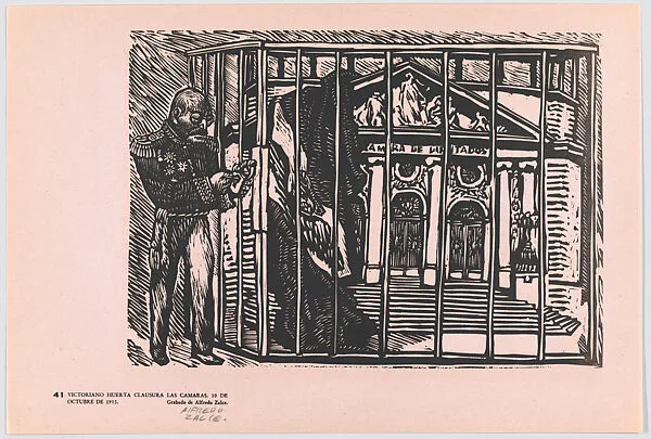 Plate 41: Victoriano Huerta closes the spring assemblies on 10 October 1913, from the portfolio 'Estampas de la revolución Mexicana' (prints of the Mexican Revolution) — Taller de Gráfica Popular|Alfredo Zalce