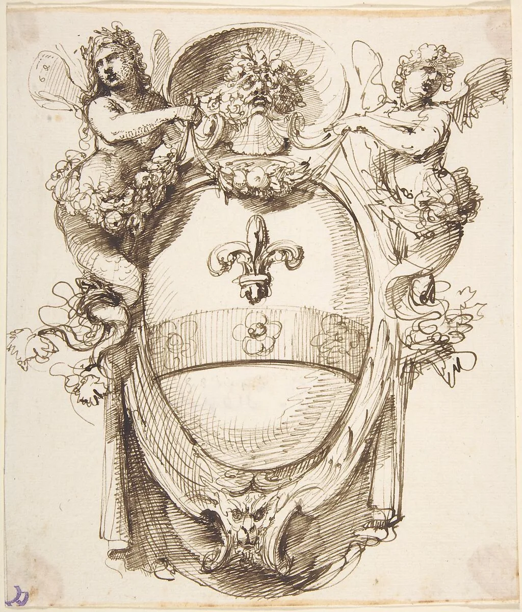 Design for a Cartouche flanked by winged Sirens with a Coat of Arms containing a Fleur-de-Lis — Carlo Bianconi
