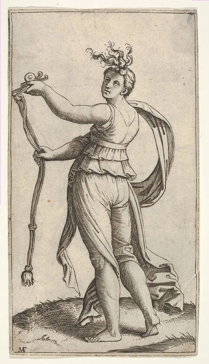 A woman representing Temperance holding a bit facing left — Marcantonio Raimondi