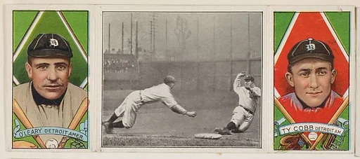 "Fast Work at Third" with Ty Cobb and Charles O'Leary, from the series Hassan Triple Folders (T202)
