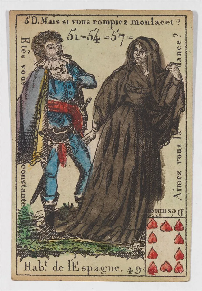 Hab.t de l'Espagne, from the playing cards (for quartets) "Costumes des Peuples Étrangers" — Anonymous, French, 18th century