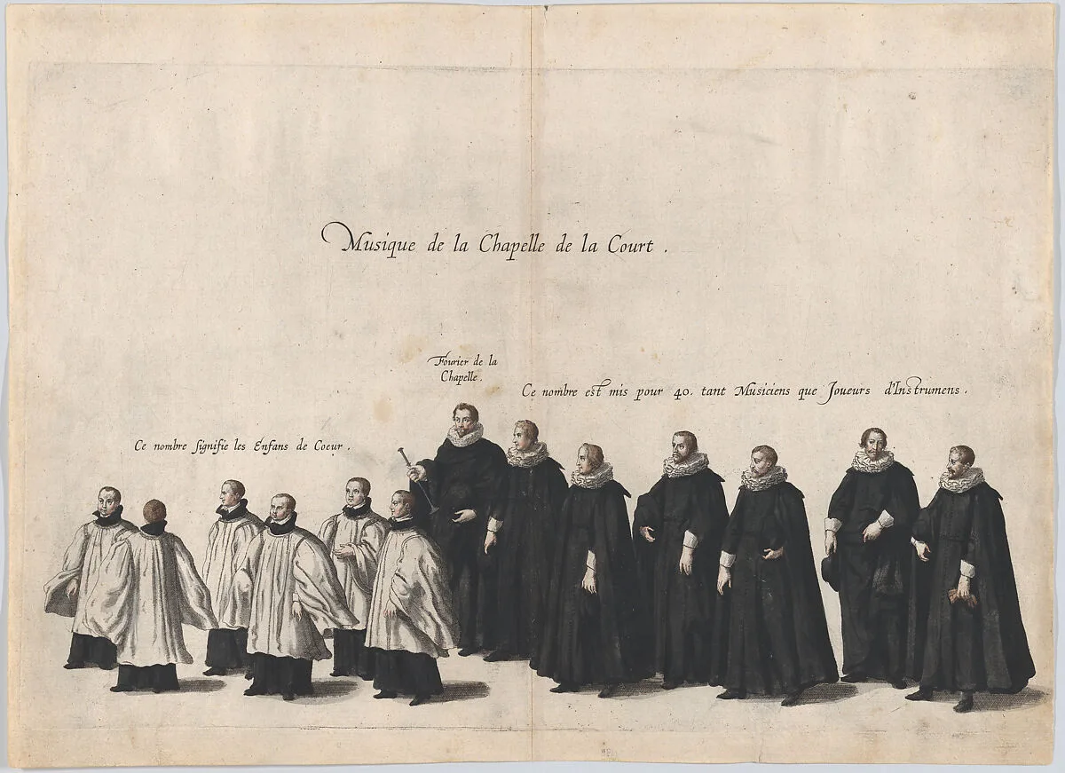 Plate 6: Members of the court chapel choir marching in the funeral procession of Archduke Albert of Austria; from 'Pompa Funebris ... Alberti Pii' — Cornelis Galle I|Jacques Francquart