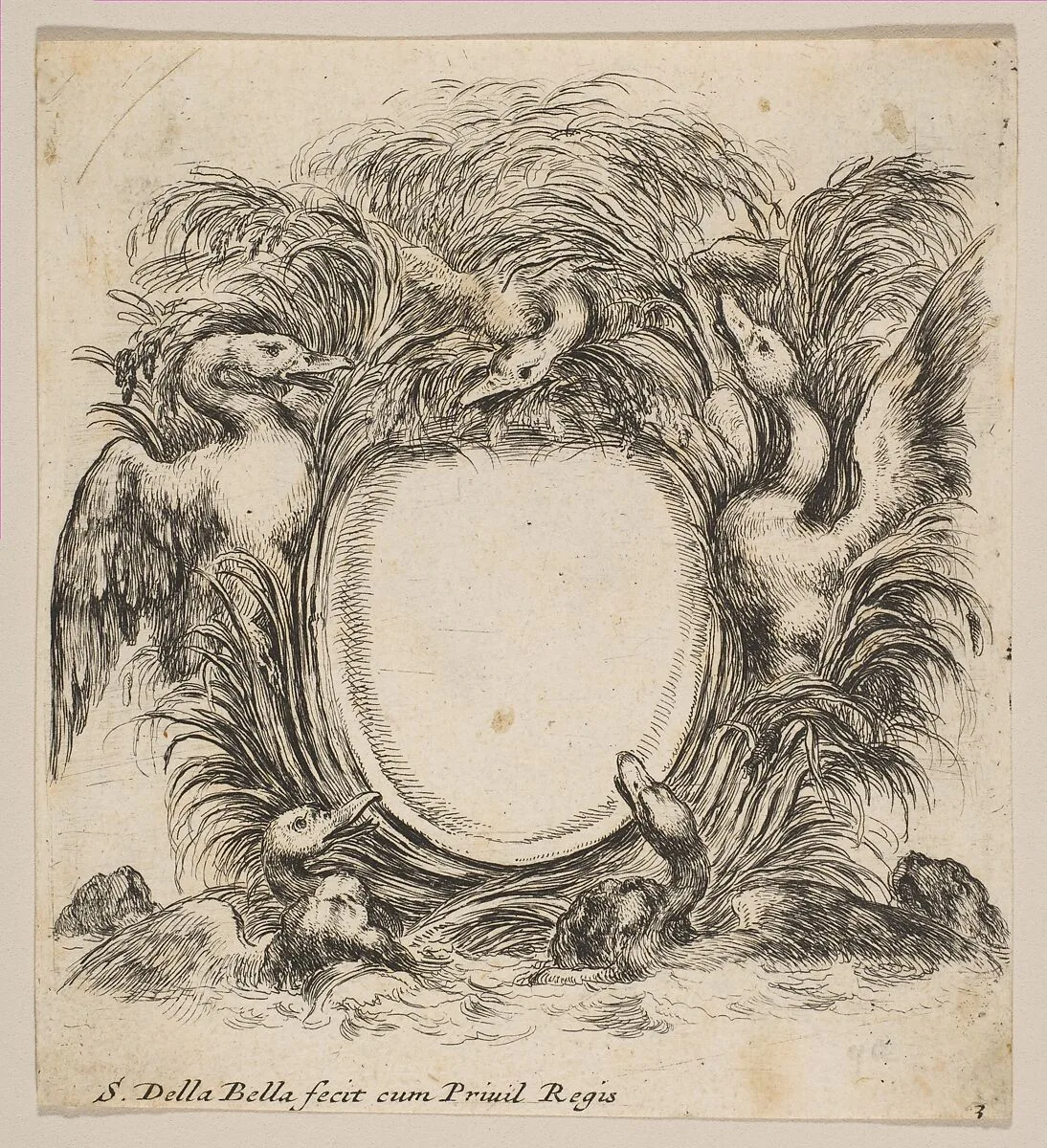 Cartouche Framed by Ducks and Weeds — Stefano della Bella|La Veuve F. Langlois