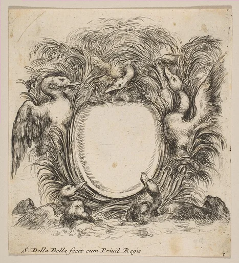 Cartouche Framed by Ducks and Weeds