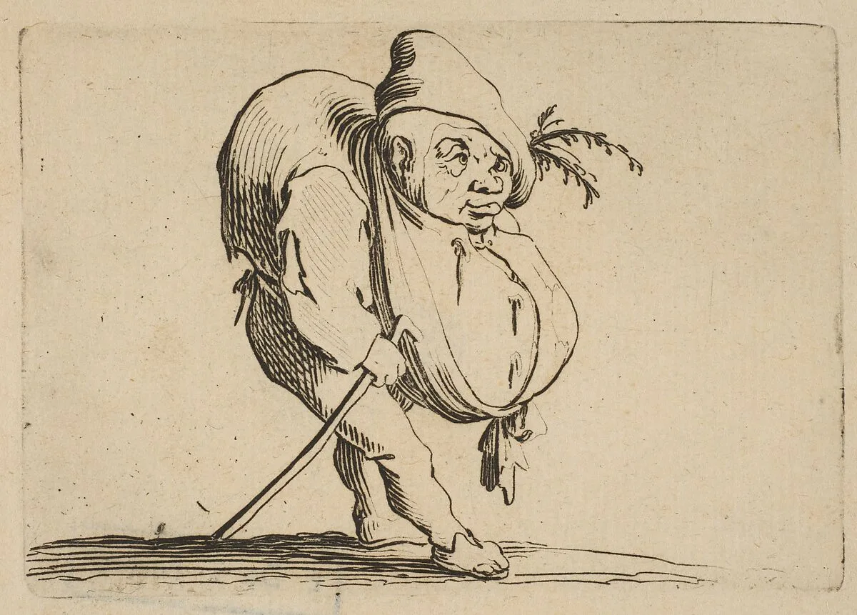 Le Bossu a La Canne (The Hunchback with a Cane), from Varie Figure Gobbi, suite appelée aussi Les Bossus, Les Pygmées, Les Nains Grotesques (Various Hunchbacked Figures, The Hunchbacks, The Pygmes, The Grotesque Dwarfs) — Jacques Callot