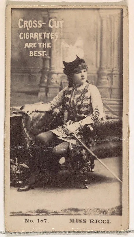 Card Number 187, Miss Ricci, from the Actors and Actresses series (N145-2) issued by Duke Sons & Co. to promote Cross Cut Cigarettes — W. Duke, Sons & Co.