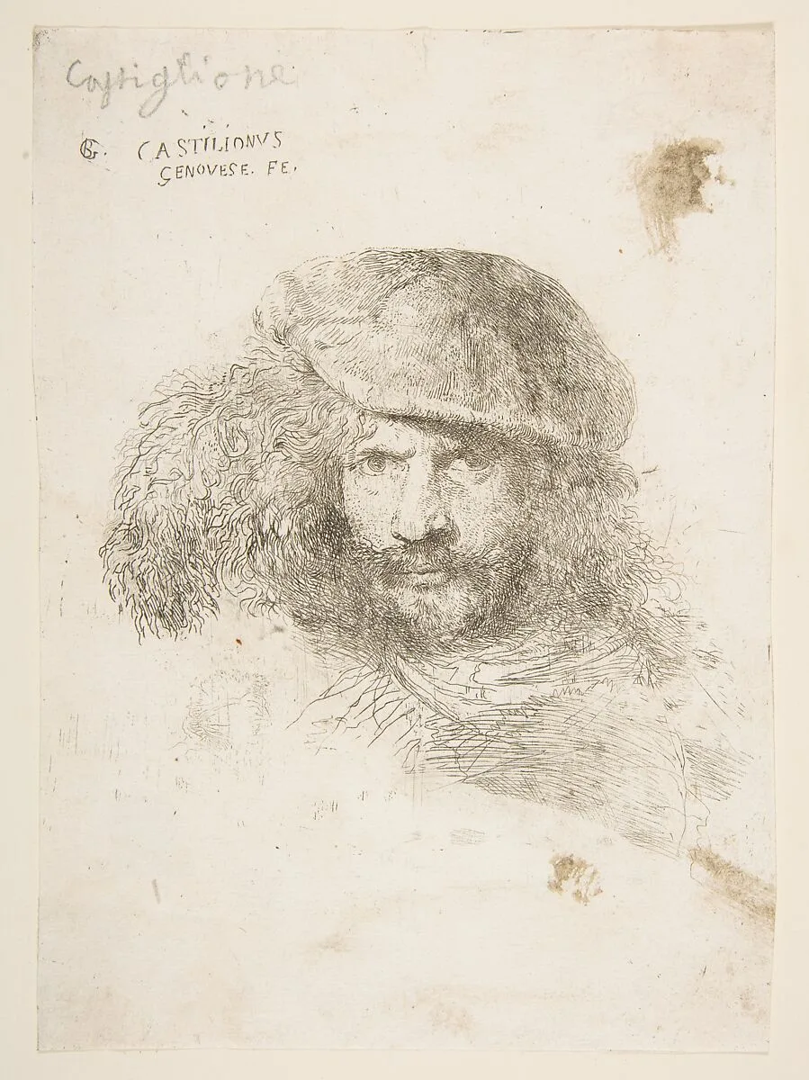Head of a man wearing a feathered cap (possibly Bernini, possibly a self portrait), from "Large Oriental Heads" — Giovanni Benedetto Castiglione (Il Grechetto)