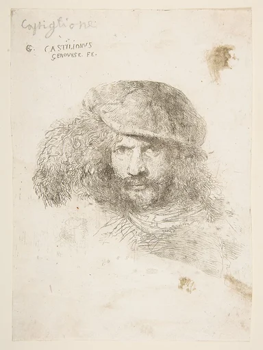 Head of a man wearing a feathered cap (possibly Bernini, possibly a self portrait), from "Large Oriental Heads"