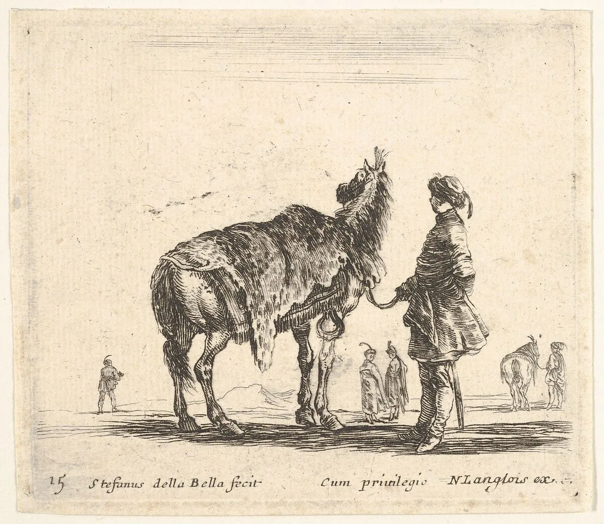 Plate 15: a Polish nobleman, facing away, holding his horse covered in leopard skin, four men and a horse in background, from 'Diversi capricci' — Stefano della Bella|Nicolas Langlois