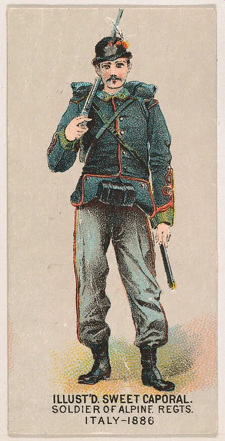 Soldier of Alpine Regiments, Italy, 1886, from the Military Series (N224) issued by Kinney Tobacco Company to promote Sweet Caporal Cigarettes — Kinney Brothers Tobacco Company