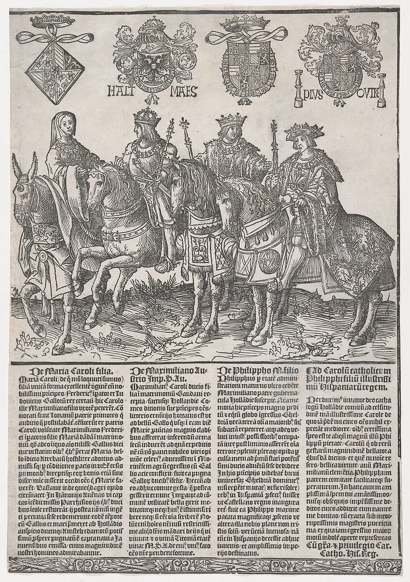 Procession of the Counts and Countess of Holland on Horseback: Mary of Burgundy, Maximilian I, Philip the Fair, and Charles V — Doen Pietersz.|Jacob Cornelisz van Oostsanen