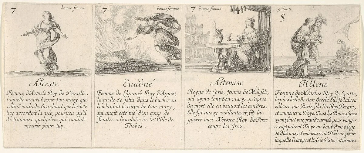 Alceste, Euadné, Artemise, and Helene, from 'The game of queens' (Le jeu des Reines renommées) — Stefano della Bella