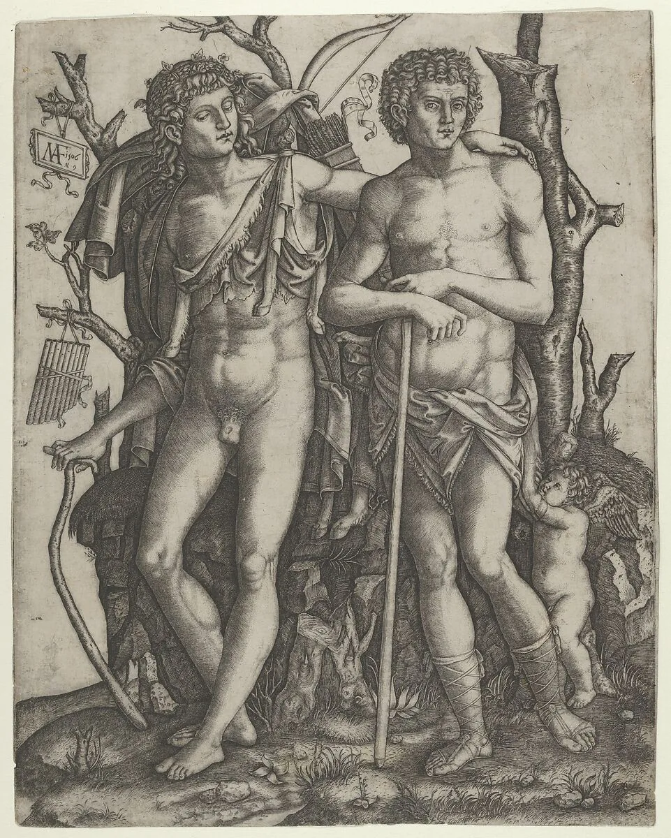 Apollo standing at the left, his hand resting on the shoulder of Hyacinthus, Cupid in the lower right — Marcantonio Raimondi|Francesco Francia
