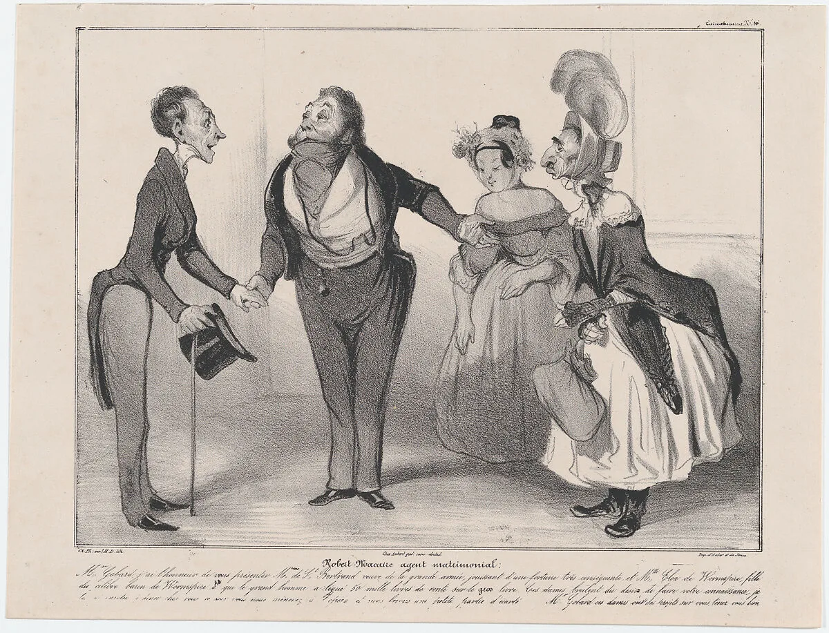 Plate 16: Robert Macaire matrimonial agent, from 'Caricaturana,' published in Les Robert Macaires — Aubert et Cie|Junca|Charles Philipon|Aubert et Cie|Honoré Daumier