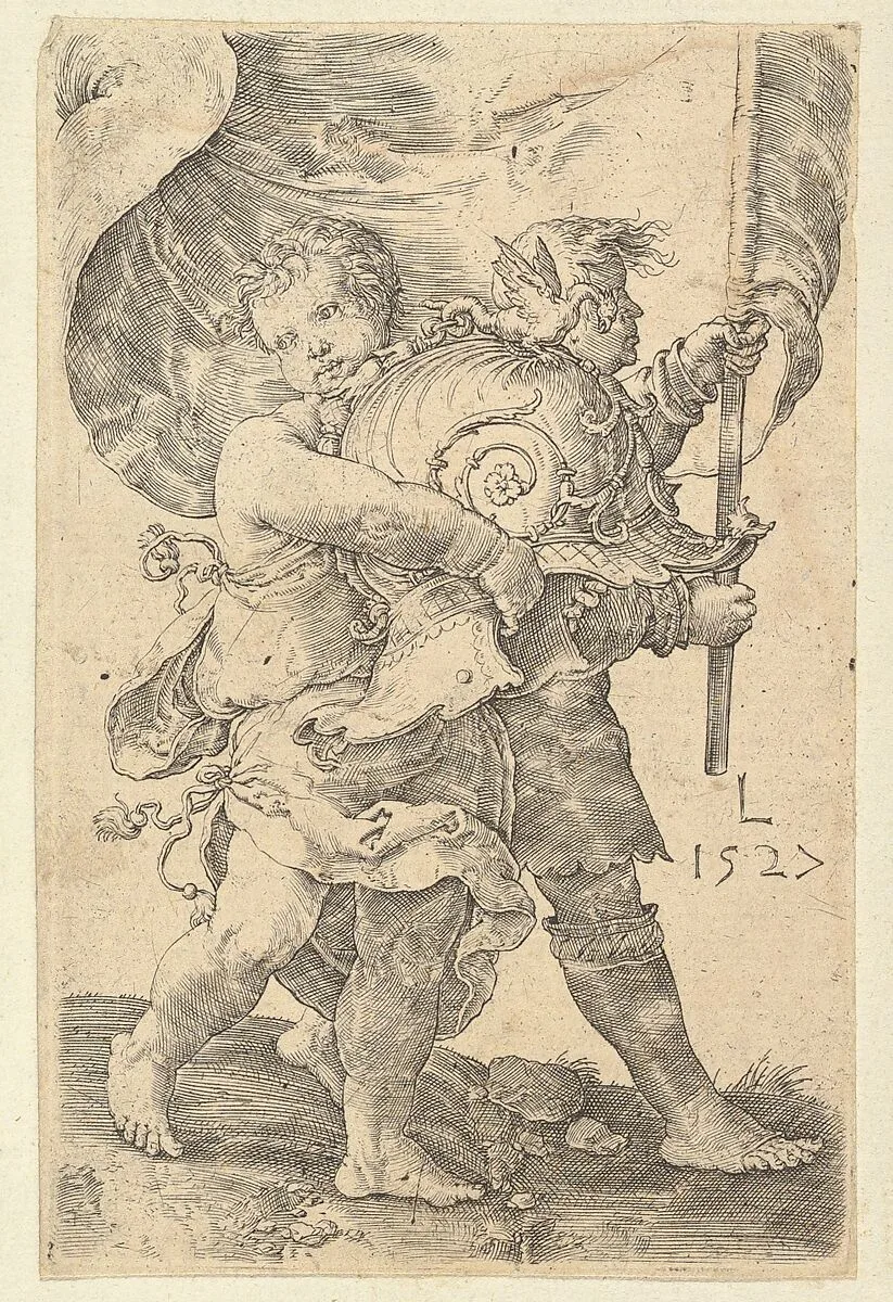 Two Boys with a Helmet and Standard — Lucas van Leyden