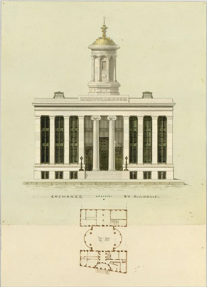 Façade Design and Old Plan for the First Merchant's Exchange, New York (unexecuted; front elevation and plan) — Alexander Jackson Davis
