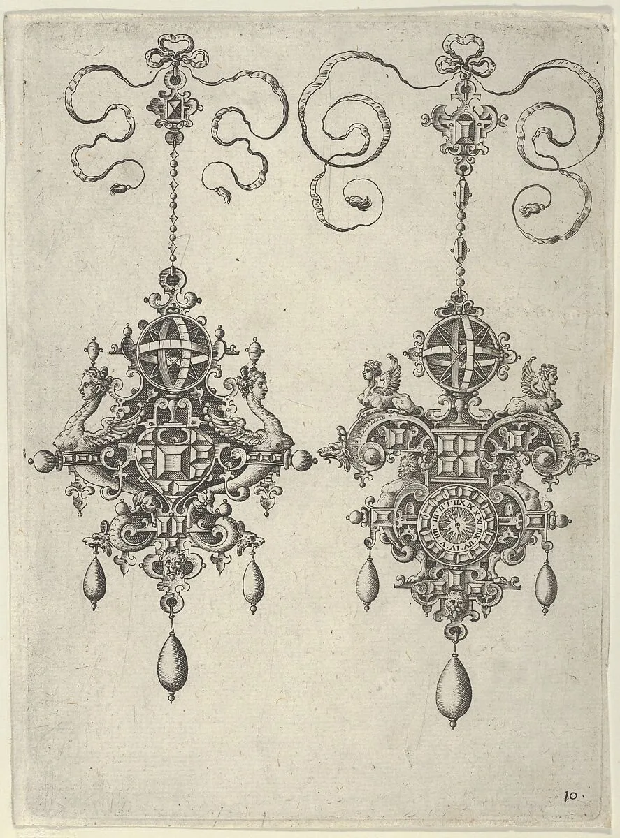Two Pendant Designs with Sun-Dials on Top — Jan Collaert I