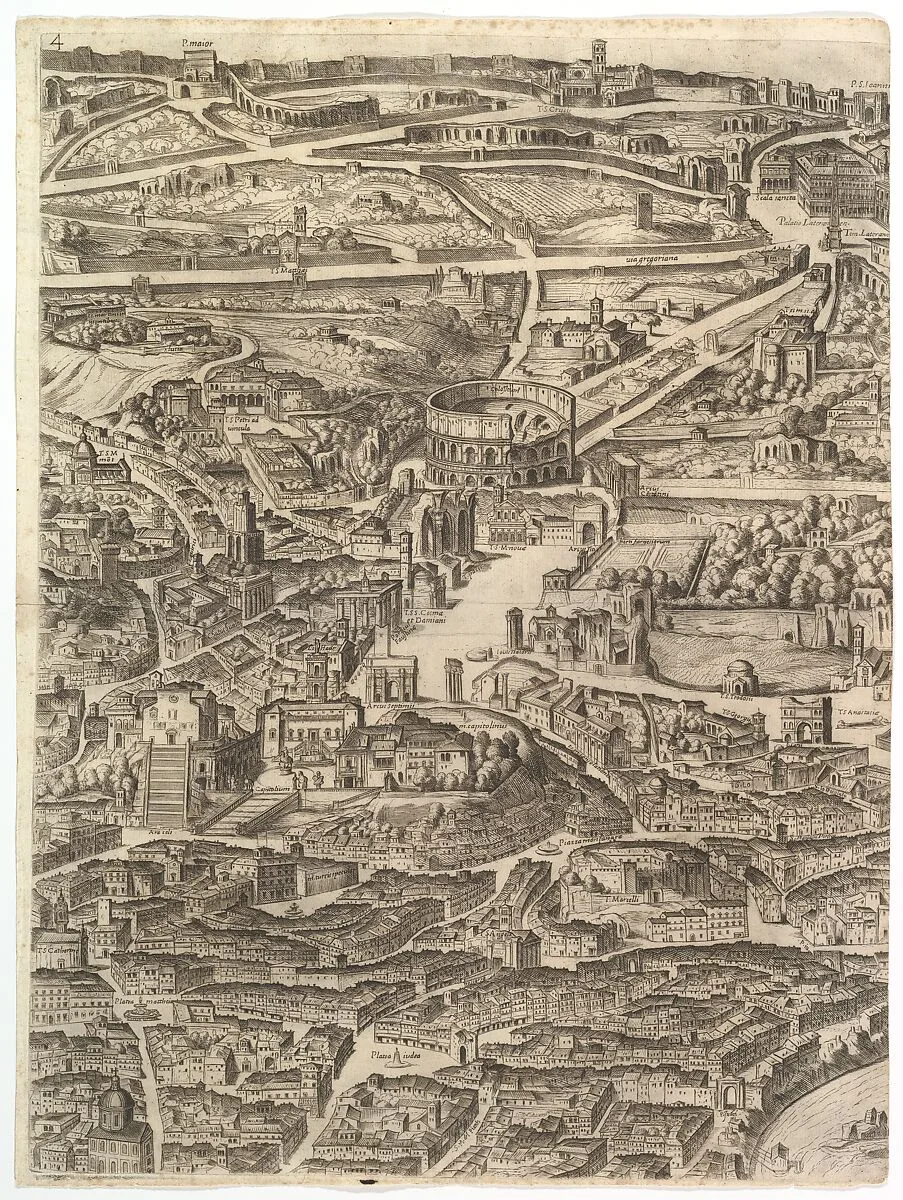 Plan of the City of Rome. Part 4 with the Santa Maria in Aracoeli, the Forum Romanum, the Colosseum and the Lateran Palace. — Giovanni Domenico de Rossi|Cardinal Camillo Pamphili|Antonio Tempesta