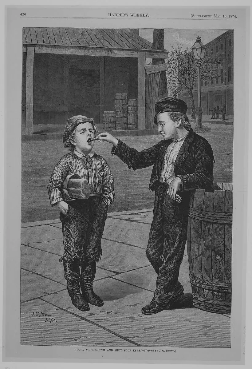 Open Your Mouth and Shut Your Eyes (from "Harper's Weekly") — John George Brown|Harper's Weekly