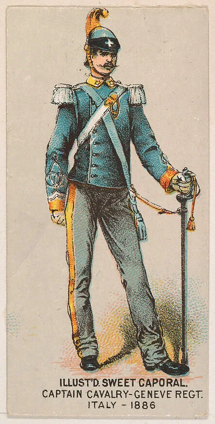 Captain, Cavalry, Geneve Regiment, Italy, 1886, from the Military Series (N224) issued by Kinney Tobacco Company to promote Sweet Caporal Cigarettes — Kinney Brothers Tobacco Company