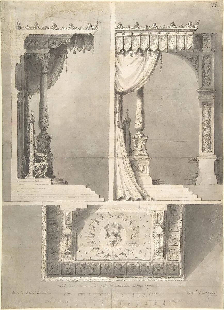 Design for a Papal Throne with Elevations and Sketch of Baldacchino Interior. — Antonio Basoli