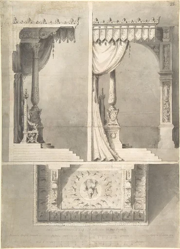 Design for a Papal Throne with Elevations and Sketch of Baldacchino Interior.
